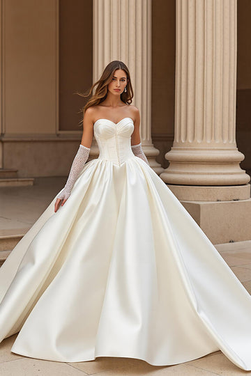 Ivory Ball Gown Court Train Corset Satin Wedding Dress